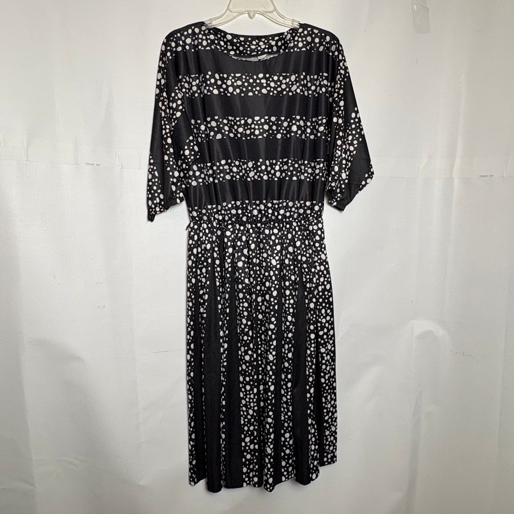Vtg 70s Blair Polka‎ Dot Striped Midi Dress Elbow Sleeve Elastic Waist Retro
